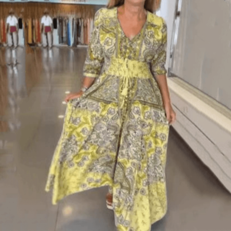 Robe été femme imprimée, col V, cordon de serrage, style léger et très confortable.