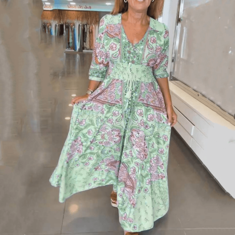 Robe midi légère et confortable, imprimé été, col V, parfaite pour la saison chaude.