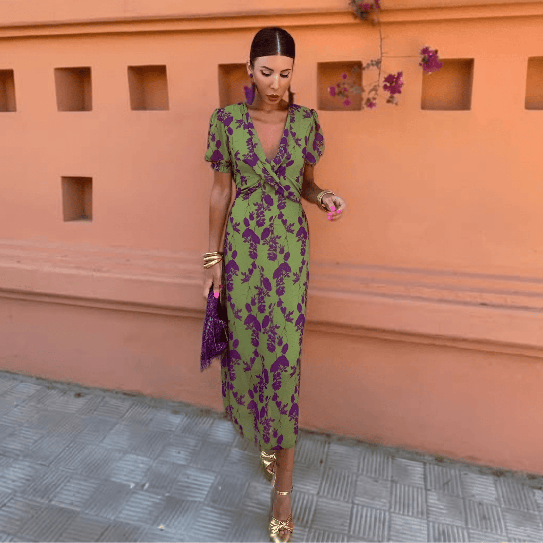 Robe longue fluide imprimée pour femmes, manches courtes, parfaite pour le printemps/été, style décontracté chic.