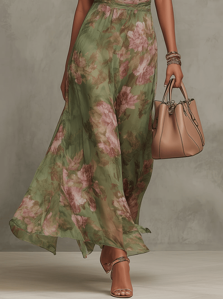 Robe longue fluide vert floral, élégante et tendance pour femmes, idéale pour les jours d'été.