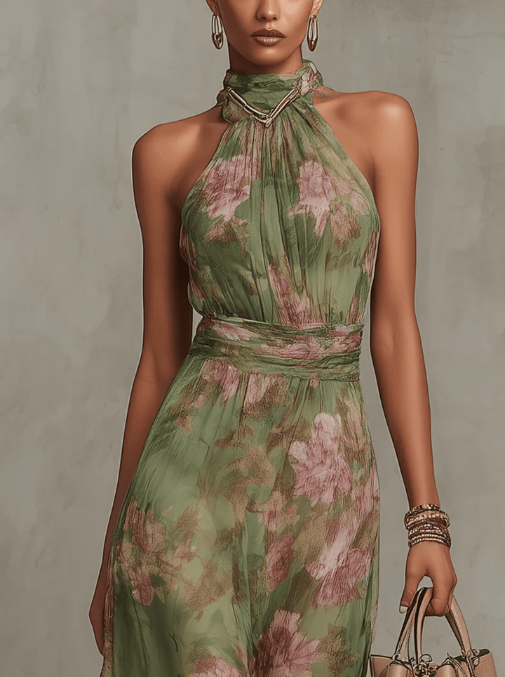 Robe midi fluide élégante pour femmes, imprimé floral vert vibrant, style sans manches.