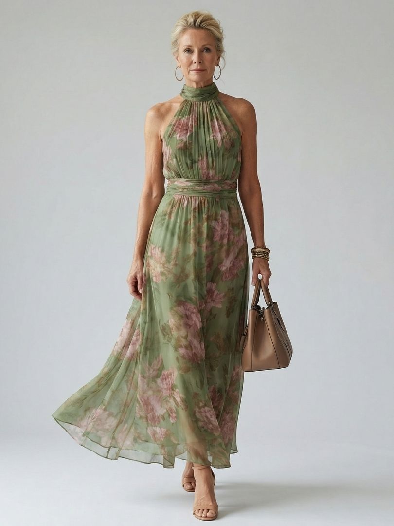 Robe longue fluide femme, imprimé floral vert élégant, style midi chic pour l'été.