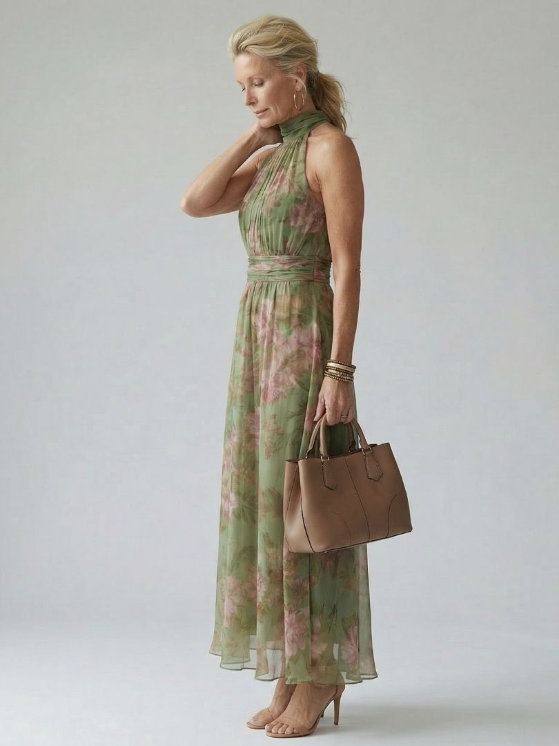 Robe d'été fluide vert floral pour femme, coupe midi élégante, sans manches, style chic.