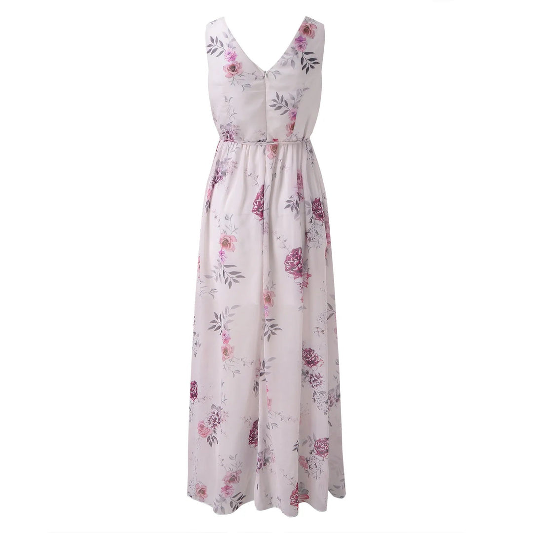 Robe femme longue à fleurs, coupe portefeuille, col V. Maxi robe estivale chic pour une silhouette féminine.