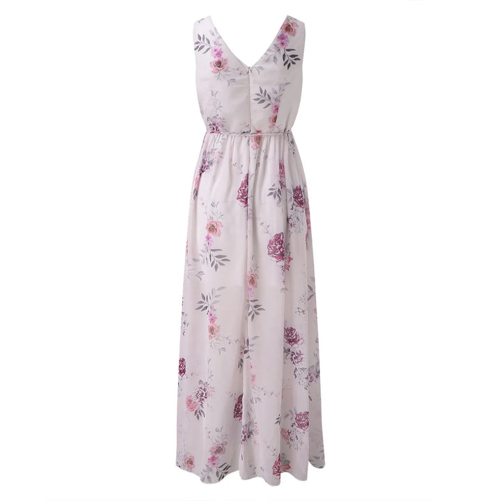 Robe femme longue à fleurs, coupe portefeuille, col V. Maxi robe estivale chic pour une silhouette féminine.