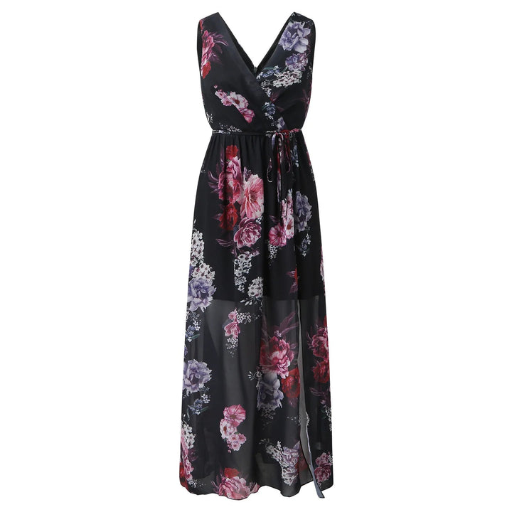 Robe d'été longue et légère femme, motif floral, col V. Design portefeuille fluide pour un confort estival.