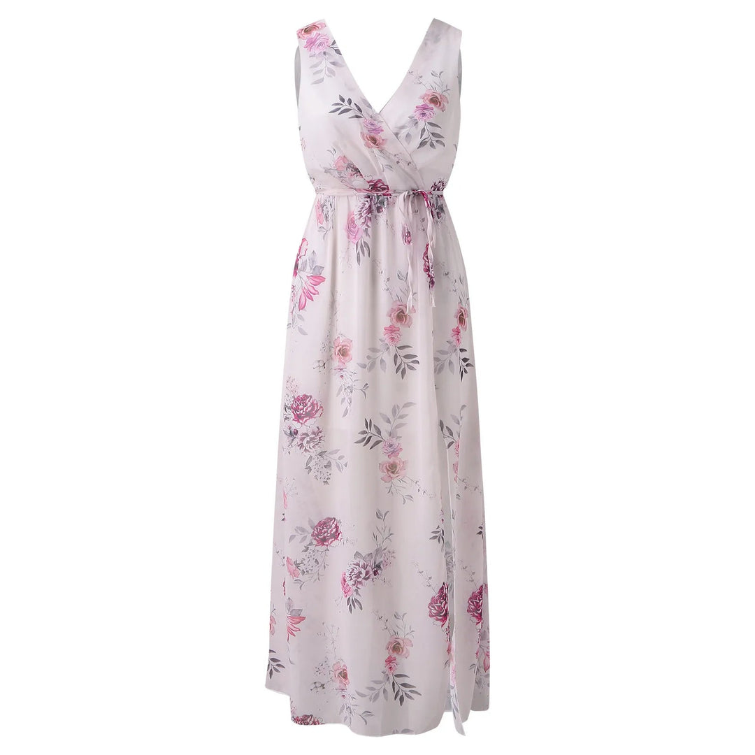 Robe portefeuille longue femme à fleurs, col V. Robe estivale féminine et élégante, parfaite pour la saison chaude.