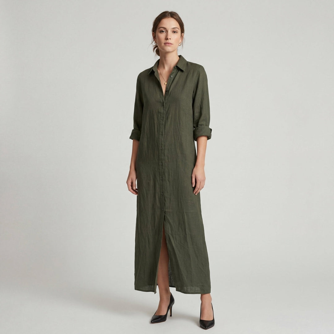 Robe longue style chemise élégante pour femme, idéale pour le printemps et l'été, look chic décontracté.