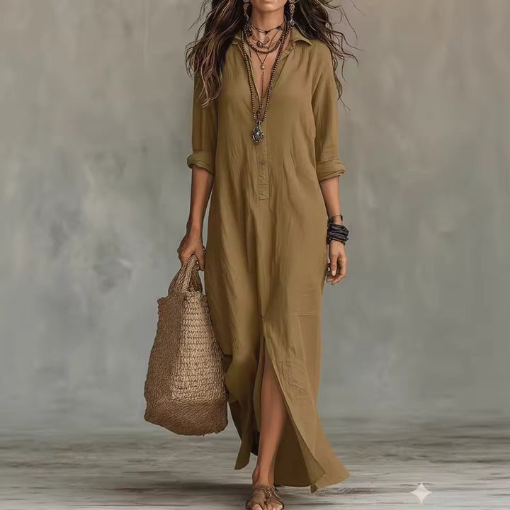 Robe midi femme, style chemise avec boutons, polyvalente pour le printemps, l'été et l'automne.