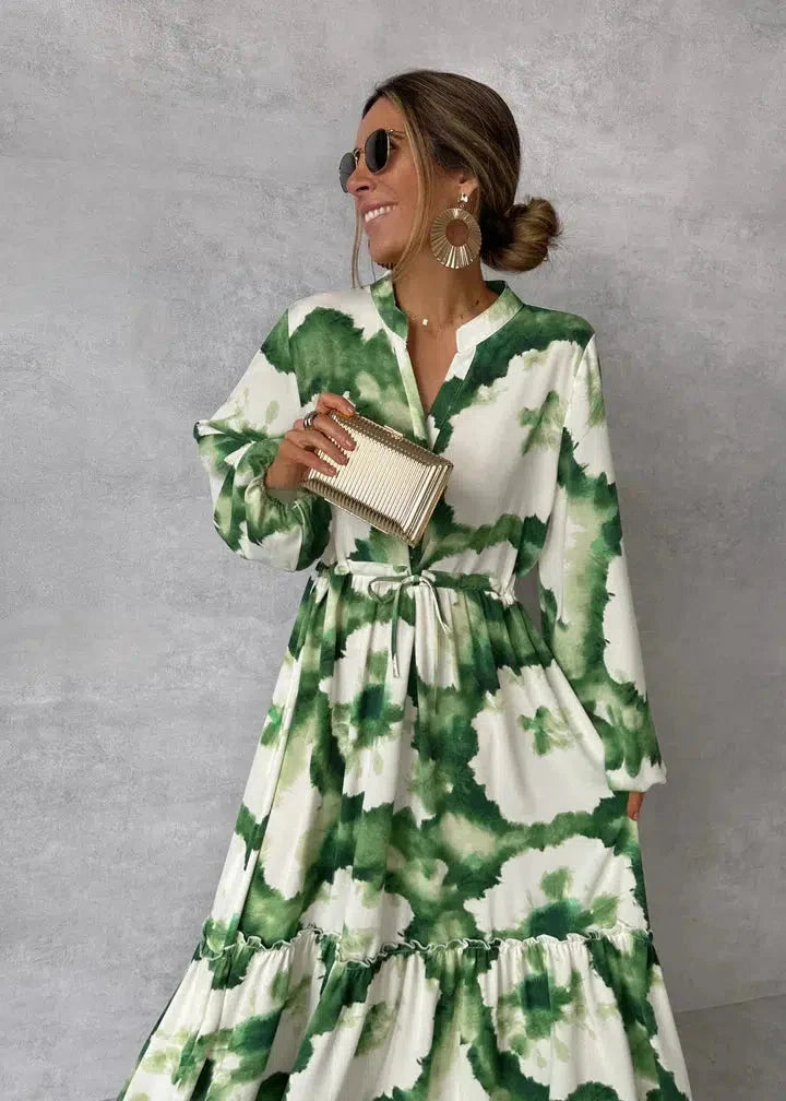 Robe maxi femme imprimée tie-dye, manches longues, fluide et élégante, parfaite pour printemps/été.