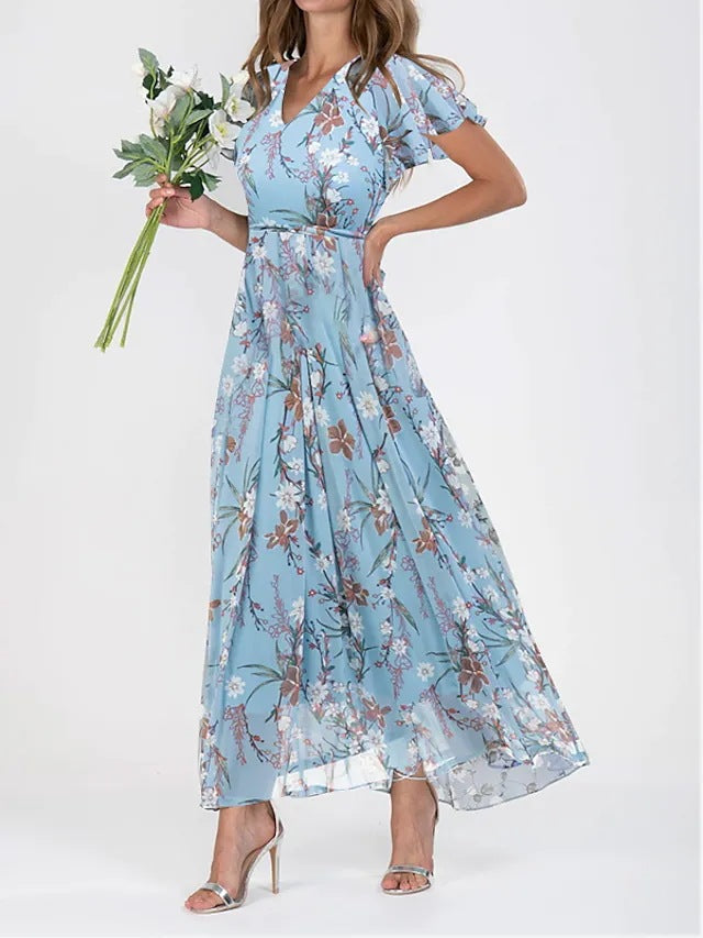Robe longue femme fluide trapèze à col V, imprimé floral. Idéale printemps-été, élégante et décontractée.
