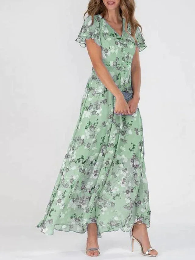 Robe trapèze fluide pour femme avec col en V profond et motif floral, parfaite pour l'été.