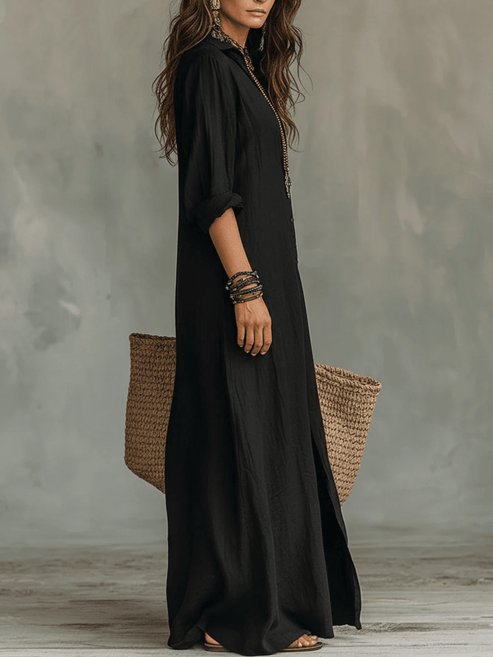 Robe longue fluide pour femme, style décontracté chic à col chemise, idéale confort toute saison.