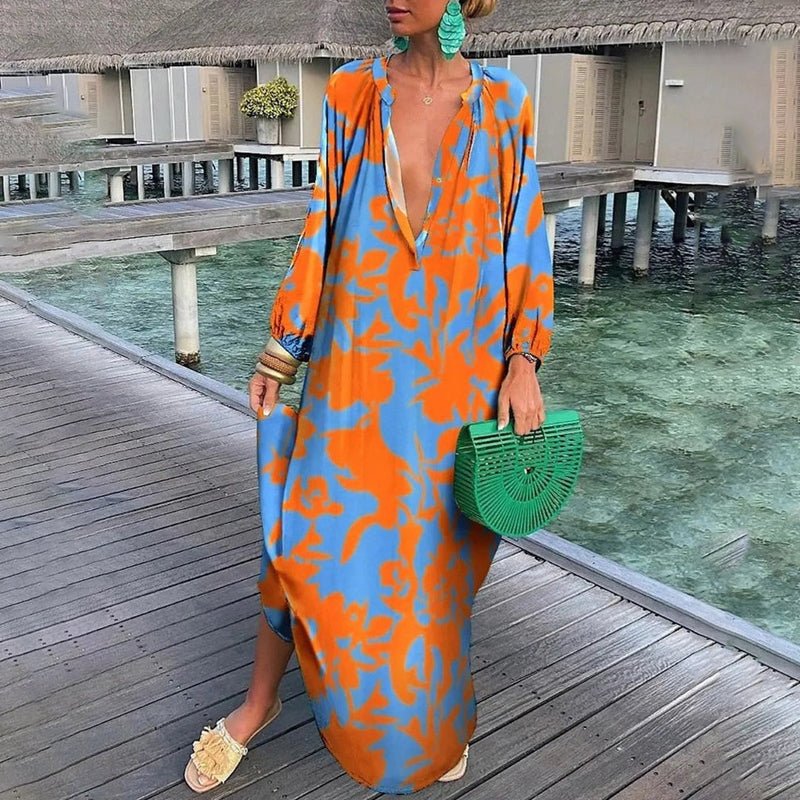 Robe maxi femme décontractée et fluide, imprimée avec manches longues. Idéale pour un look bohème chic.