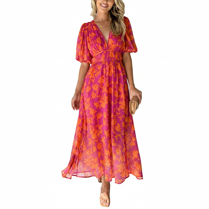 Robe maxi fleurie élégante femme, col V, manches bouffantes, taille froncée. Parfaite pour le printemps/été.