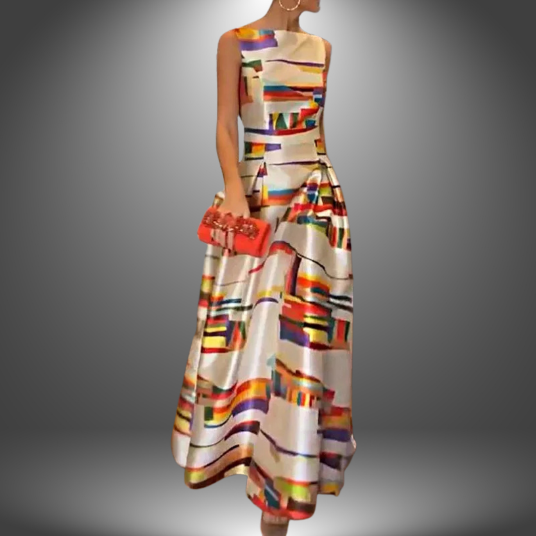 Robe maxi trapèze sans manches fluide pour femme, motif géométrique multicolore, idéale pour l'été élégant.