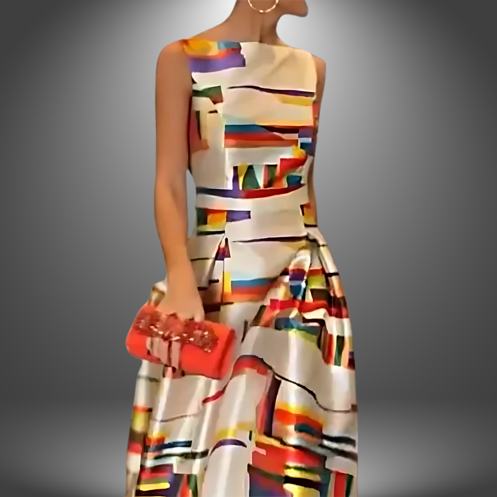 Robe longue fluide trapèze femme, sans manches, style décontracté et chic, avec motifs géométriques d'été.