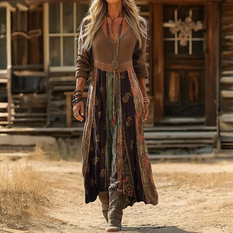 Robe femme multicolore à col en V, manches longues, coupe mi-mollet. Tenue de bureau élégante et mode féminine.