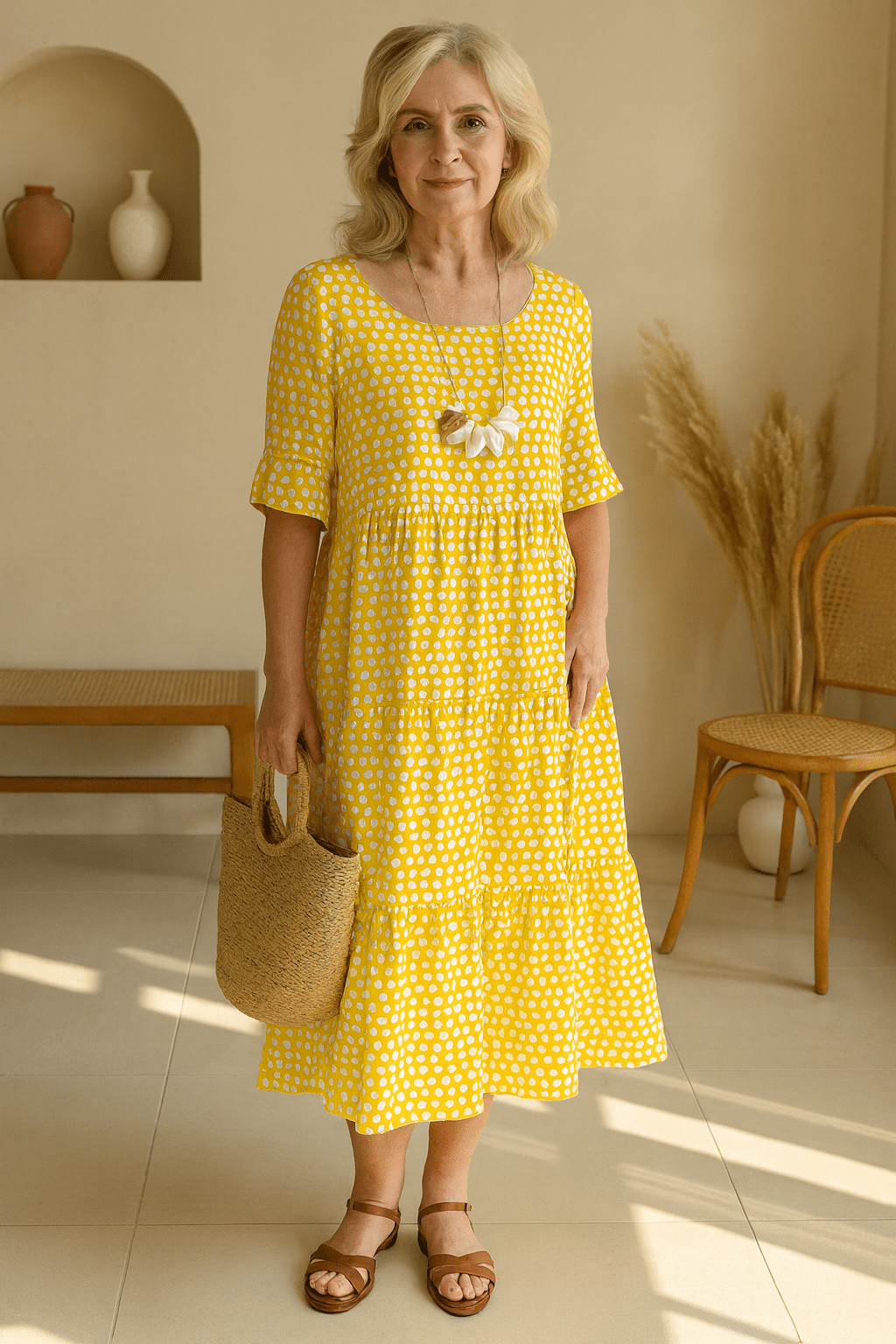 Robe midi élégante à manches courtes et col rond, confortable pour la femme moderne.