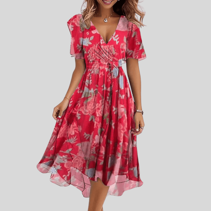 Robe midi évasée femme avec col V, parfaite pour l'été, élégante et confortable, style chic féminin.