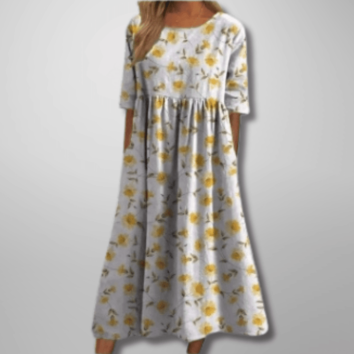Robe midi imprimée moderne pour femme, col rond, manches courtes, tendance printemps-été décontractée.