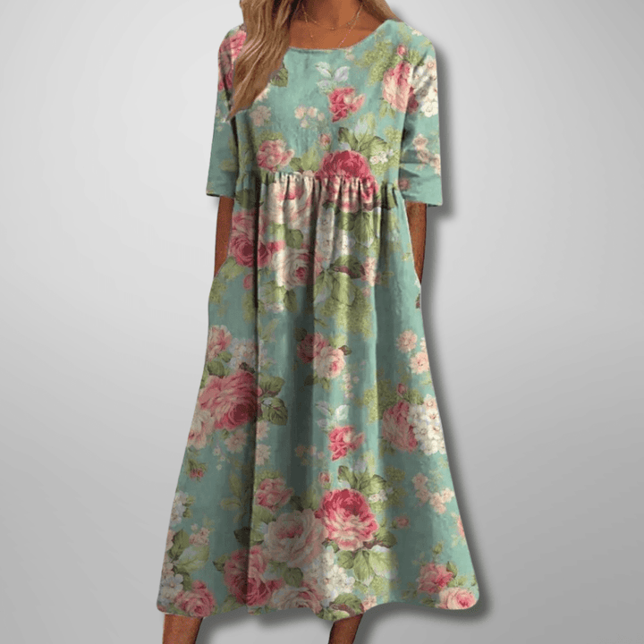 Robe midi femme imprimée, coupe décontractée, col rond, manches courtes, parfaite pour le printemps-été.