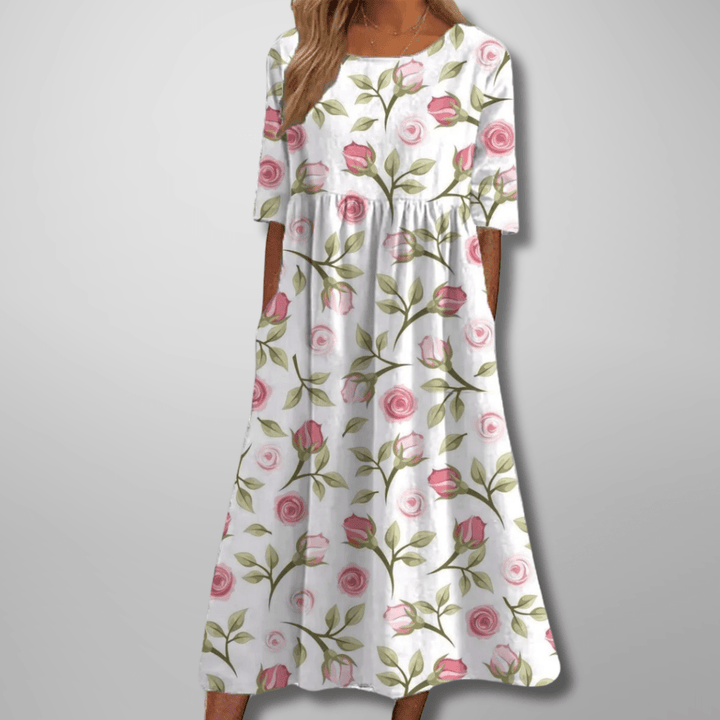 Robe midi imprimée femme, col rond, manches courtes, élégance quotidienne et polyvalence assurée.