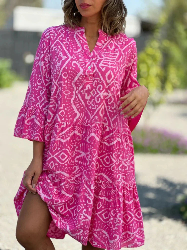 Robe élégante midi pour femme, imprimée bohème, fluide avec volants et manches 3/4.