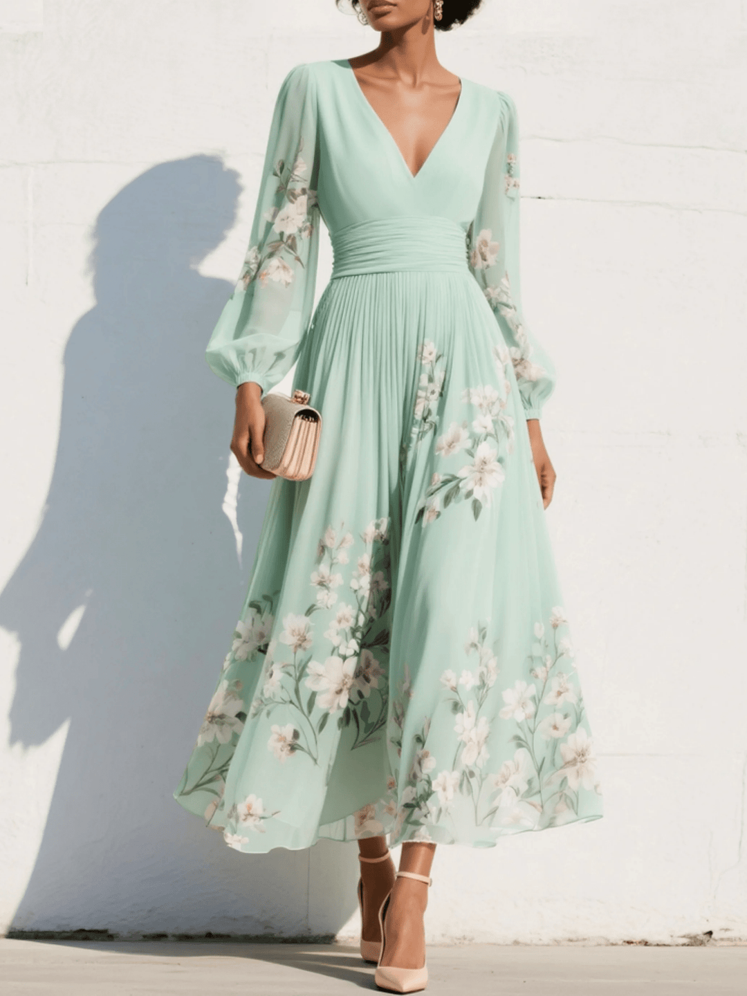 Robe midi plissée florale pour femme avec encolure en V, idéale pour printemps/été, événements élégants.