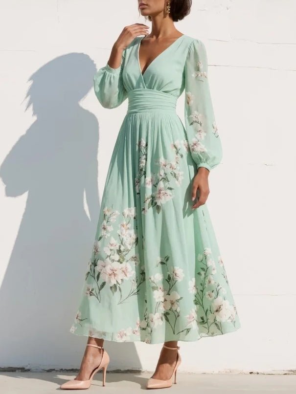 Robe de soirée midi plissée femme à imprimé floral romantique, manches longues, parfaite pour événement chic.