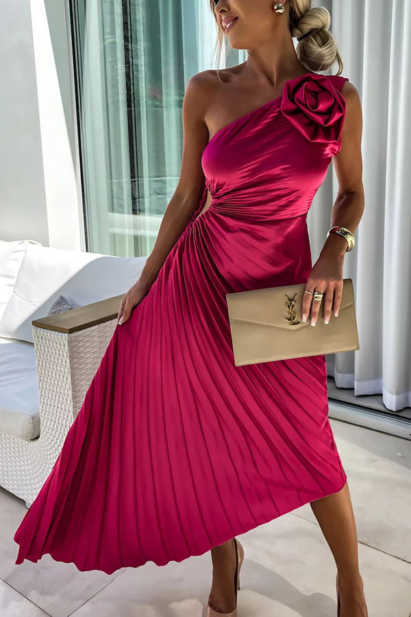 Robe midi plissée asymétrique femme, épaule dénudée. Style élégant et unique, idéal soirée ou casual chic.
