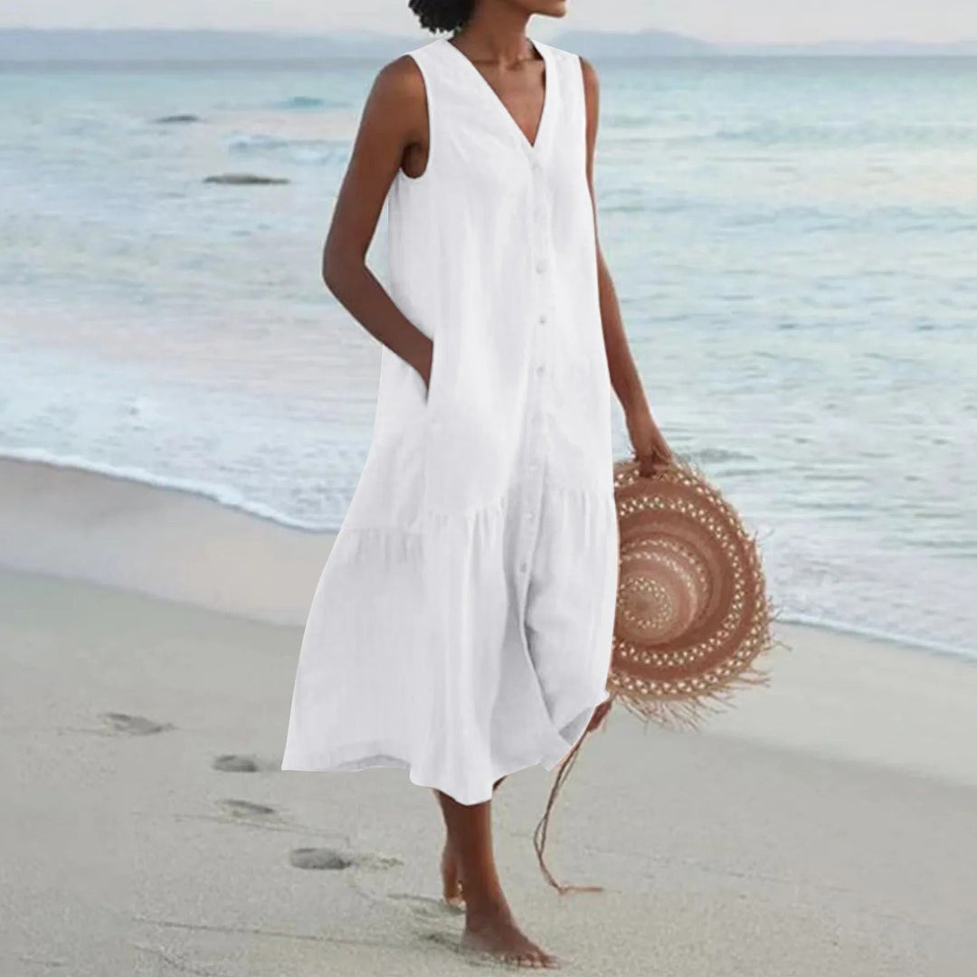 Robe midi fluide femme élégante, sans manches, col en V, parfaite pour le confort estival.