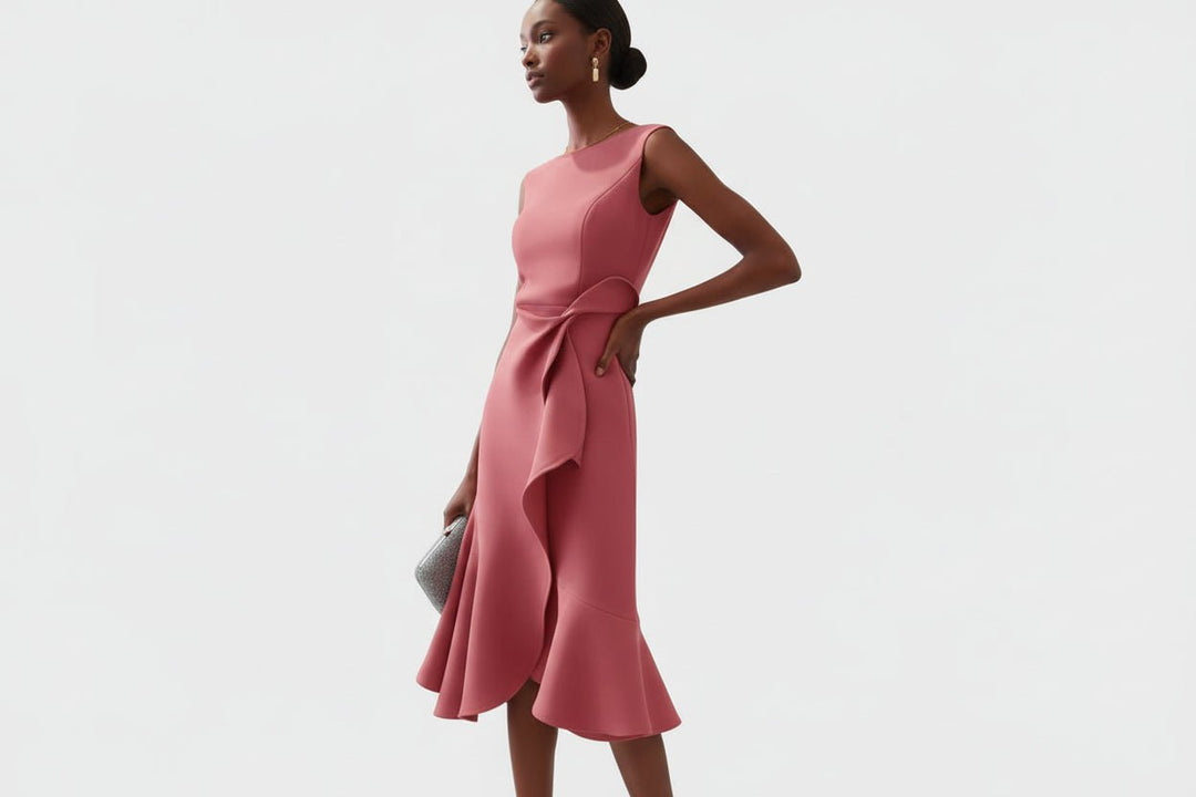 Robe d'été midi sans manches, coupe évasée et drapée. Idéale pour un look casual chic et confortable au quotidien.