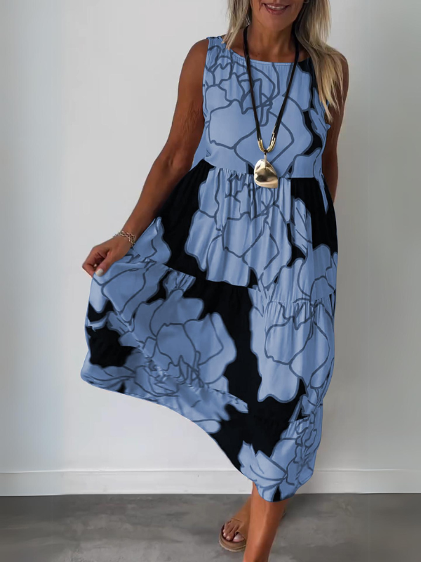 Robe d'été midi fleurie sans manches, style trapèze confortable pour femme. Mode féminine élégante et polyvalente.