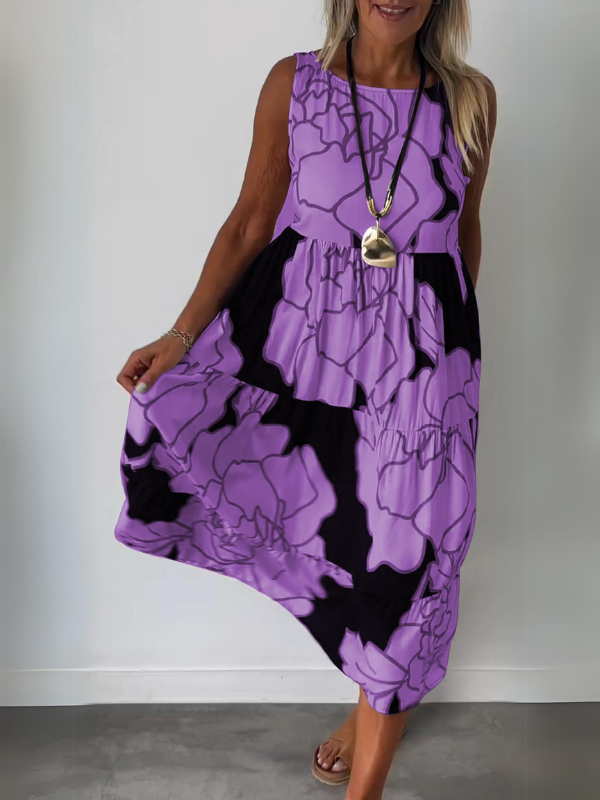 Robe fleurie midi élégante pour femme, style trapèze fluide. Idéale pour un look décontracté ou une soirée estivale.