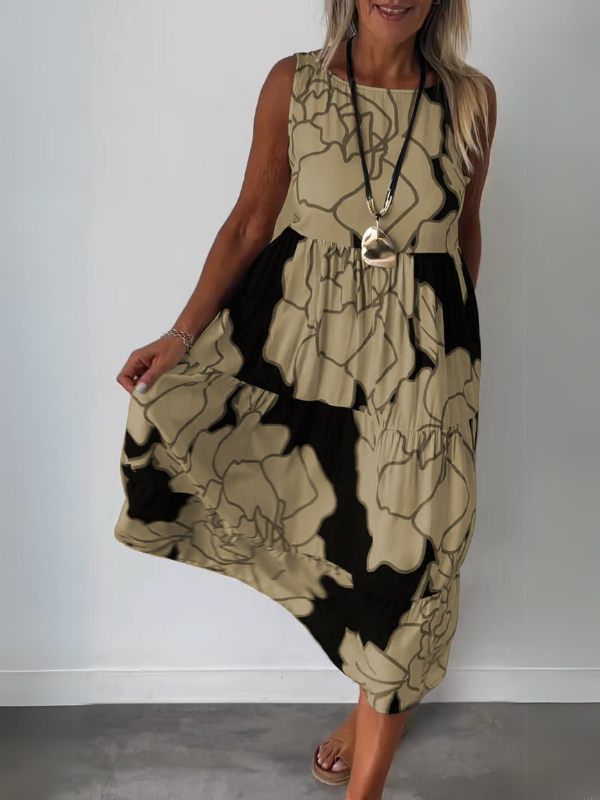 Mode femme: Robe midi trapèze fleurie et fluide, sans manches, confortable et chic. Idéale pour l'été.