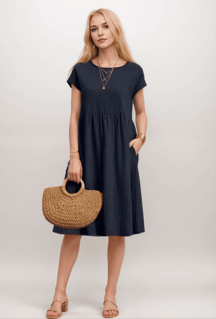Robe midi trapèze élégante pour femme à manches courtes, parfaite pour le printemps/été, style chic et décontracté.