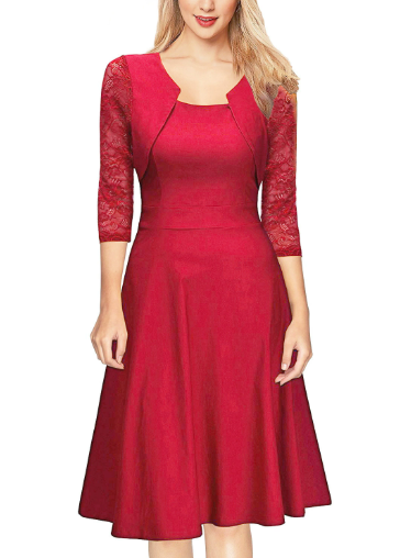 Robe midi trapèze femme élégante, manches 3/4 et empiècements délicats. Parfaite pour un look chic et raffiné.