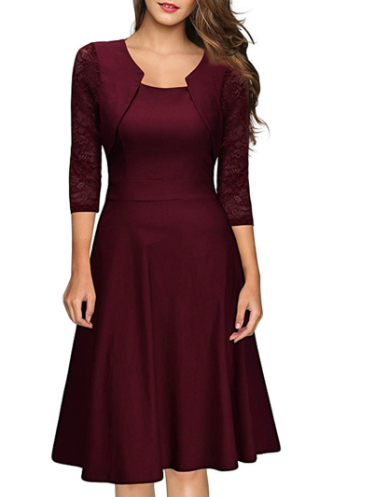 Robe midi trapèze femme, manches 3/4. Idéale pour le printemps, l'été ou l'automne. Look polyvalent et chic.