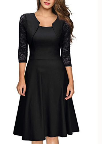 Robe midi femme coupe trapèze, empiècements délicats et manches 3/4. Style élégant pour toutes occasions.