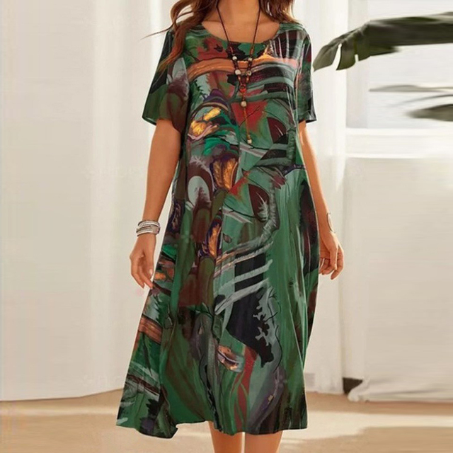 Jolie robe imprimée fluide femme, coupe trapèze midi, très confortable. Idéale pour un style décontracté chic.