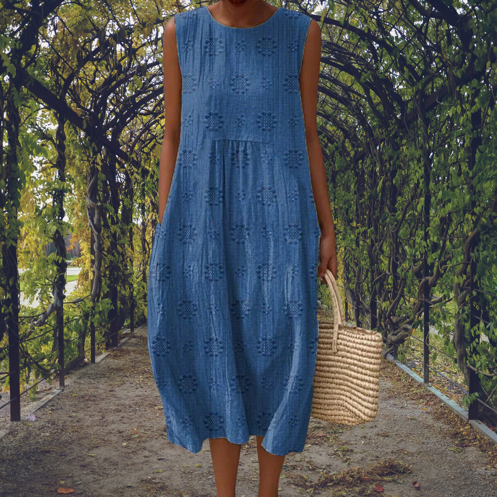 Robe midi confortable pour femme, coupe trapèze sans manches, style bohème décontracté, avec poches.
