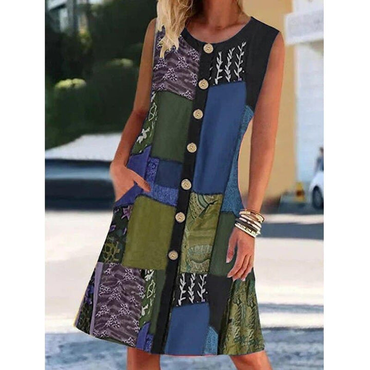 Robe midi trapèze sans manches femme, décontractée et chic, avec patchwork, parfaite pour l'été et le printemps.