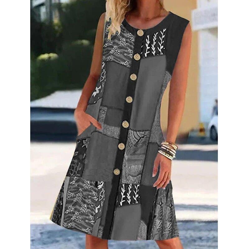 Robe fluide trapèze élégante pour femme, sans manches, confortable avec poches, idéale printemps-été.