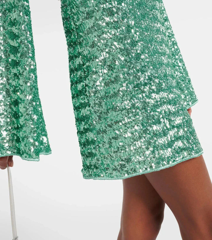 Robe mini à paillettes brillantes pour femme, décolleté plongeant et manches évasées, idéale pour soirée.