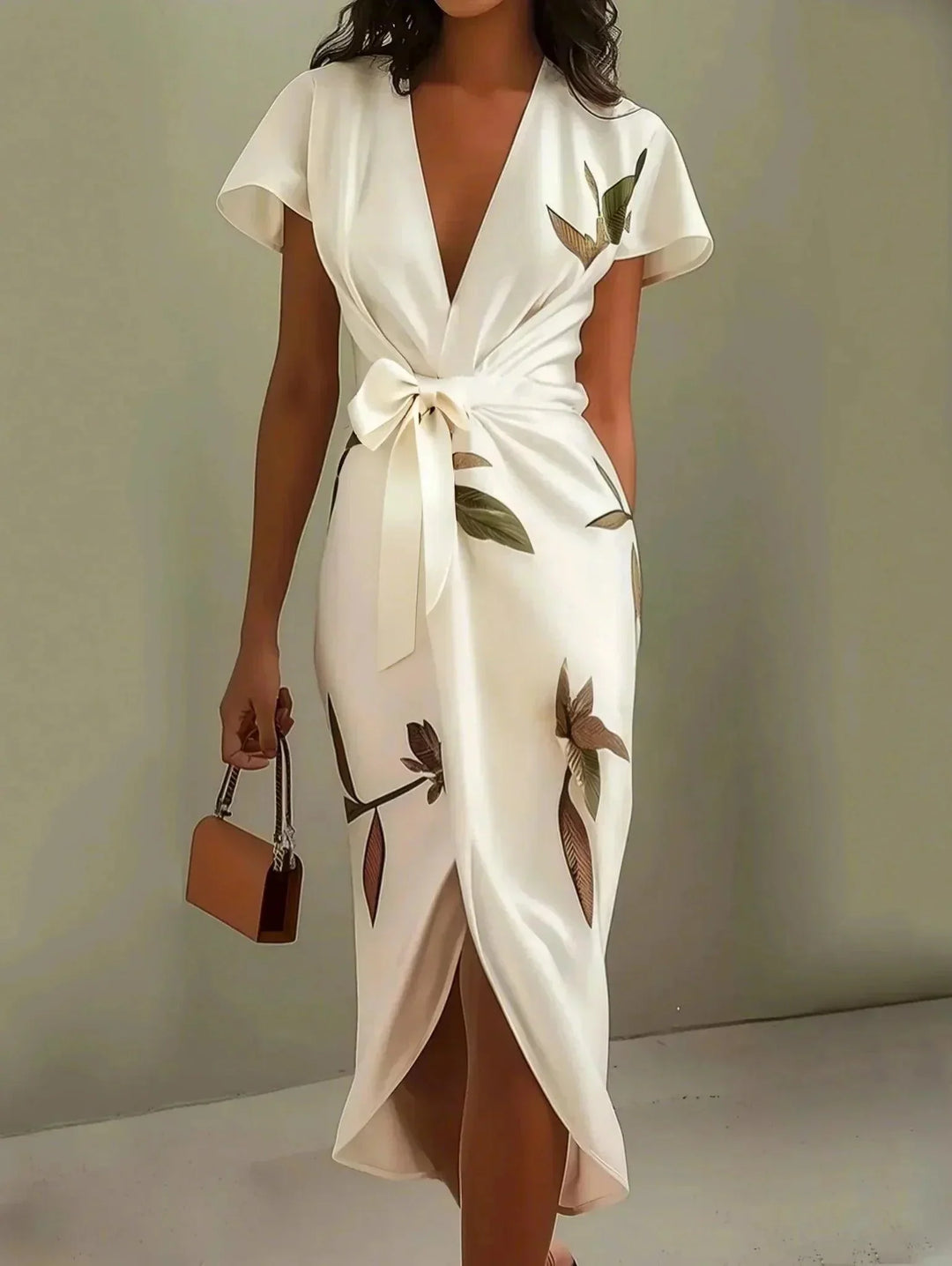 Robe portefeuille imprimée élégante pour femmes. Design chic et motif tendance, parfaite pour l'été ou soirée.