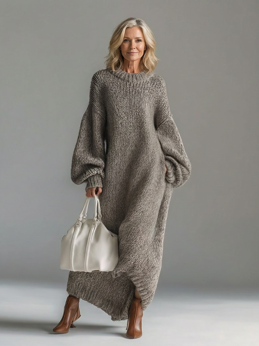 Robe pull élégante à manches ballon, style oversize, confortable et chaude pour l'hiver femme.