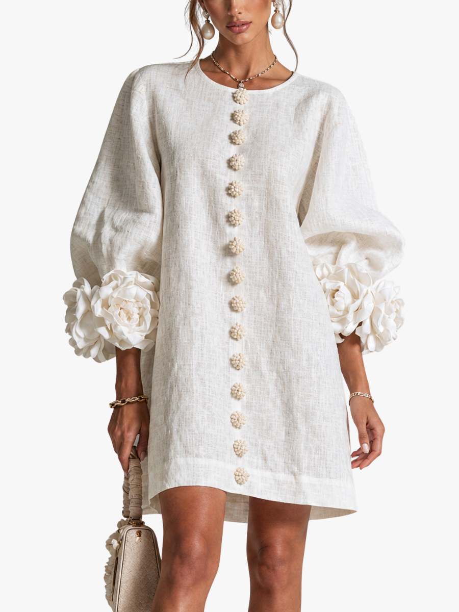Robe trapèze femme rose effet lin, fluide et élégante, manches 3/4, parfaite pour l'été.