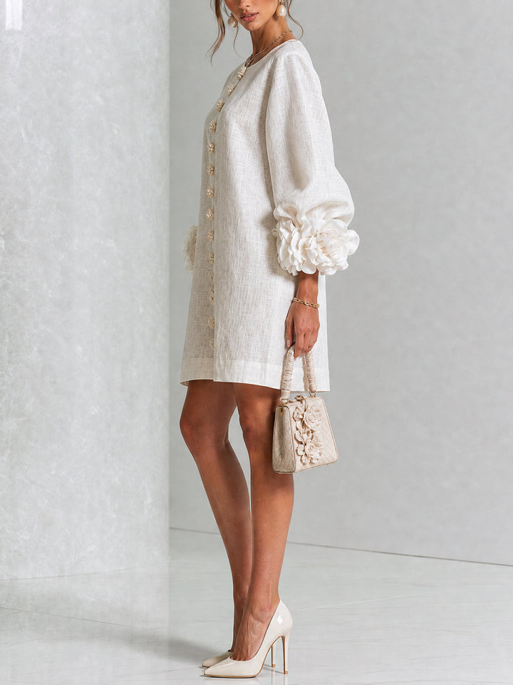 Robe femme rose décontractée, effet lin, manches 3/4, coupe trapèze, élégance naturelle.