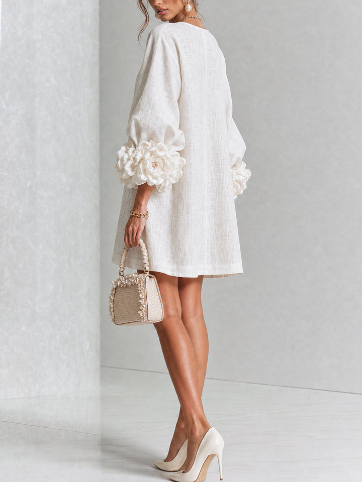 Robe boutonnée rose, manches trois-quarts, effet lin, silhouette trapèze, confortable femme.